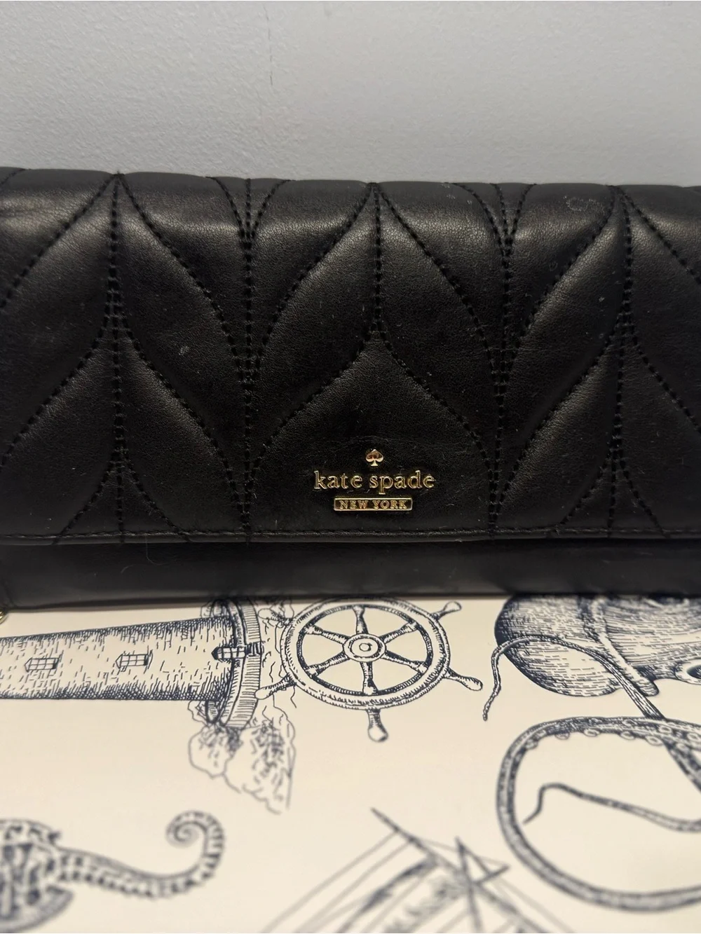 kate spade Black Quilted Leather Continental Wallet with Gold Logo